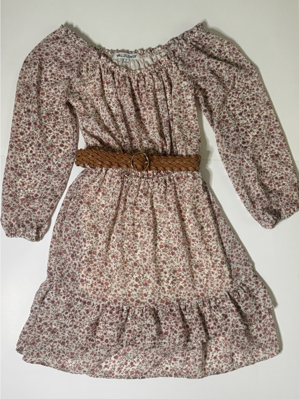 Wallflower Cream Floral Off-Shoulder Dress with Tan Braided Belt